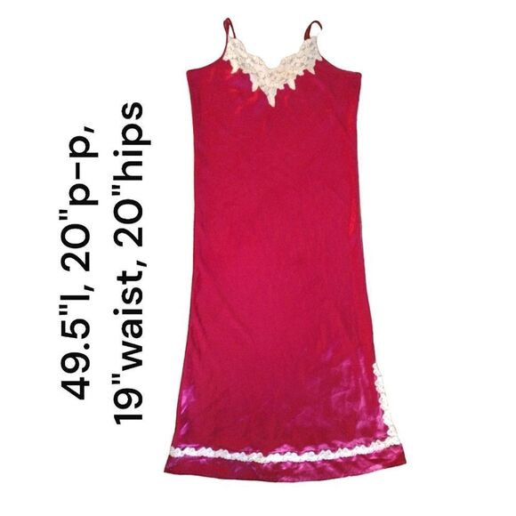 VTG 90s Red Satin White Lace Trim Long Slitted Lingerie Slip Dress Large - Picture 13 of 16